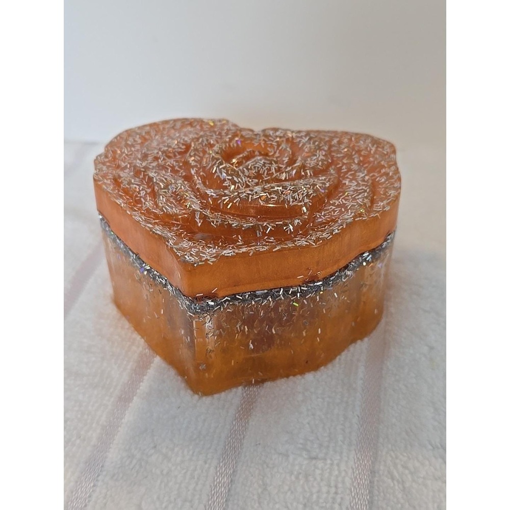 Handmade Resin Heart Shaped Box With Lid Orange And Silver. 760